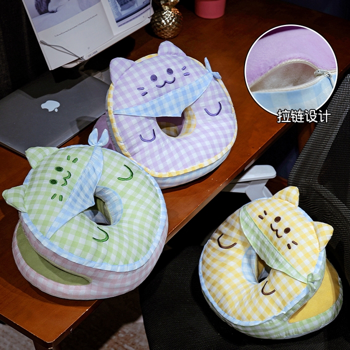 91家纺网 家纺一手货源 找家纺 仟亿莱 2025新款泡泡纱方巾格子喵双面午睡枕 枕头枕芯 双面方巾绿猫