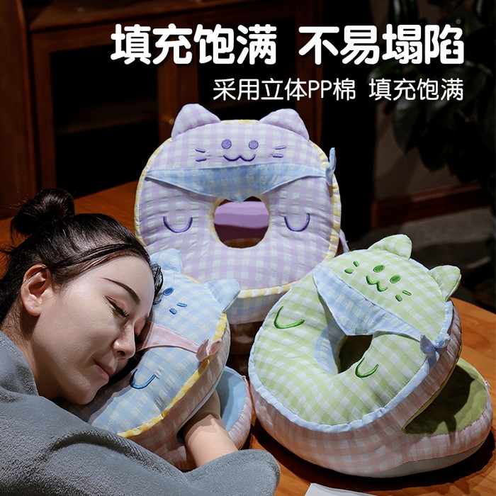 91家纺网 家纺一手货源 找家纺 仟亿莱 2025新款泡泡纱方巾格子喵双面午睡枕 枕头枕芯 组合图仅供参考不可下单