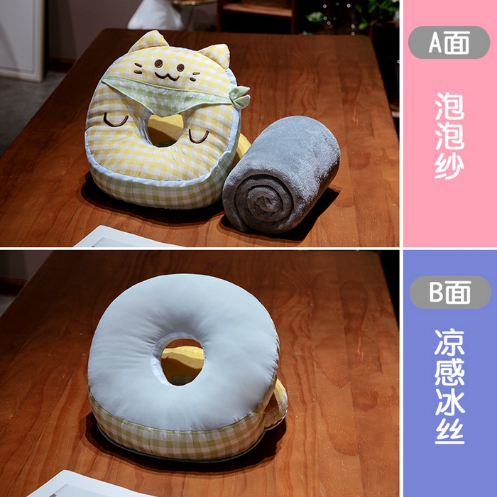 91家纺网 家纺一手货源 找家纺 仟亿莱 2025新款泡泡纱方巾格子喵双面午睡枕 枕头枕芯 双面方巾黄猫