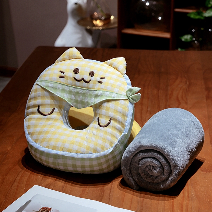 仟亿莱 2025新款泡泡纱方巾格子喵双面午睡枕 枕头枕芯 双面方巾黄猫