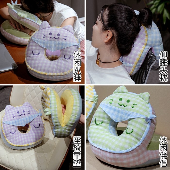 91家纺网 家纺一手货源 找家纺 仟亿莱 2025新款泡泡纱方巾格子喵双面午睡枕 枕头枕芯 双面方巾绿猫