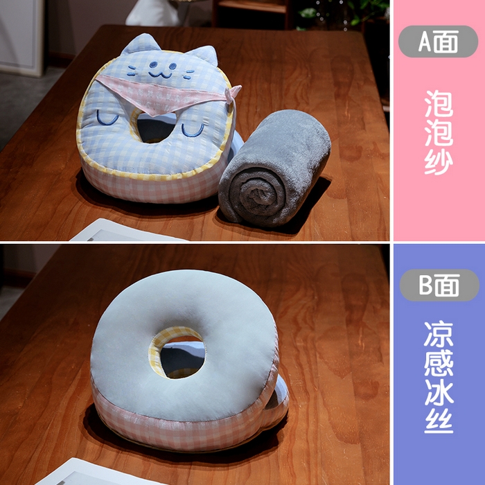 91家纺网 家纺一手货源 找家纺 仟亿莱 2025新款泡泡纱方巾格子喵双面午睡枕 枕头枕芯 双面方巾蓝猫