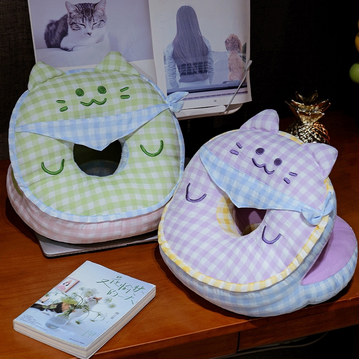 91家纺网 家纺一手货源 找家纺 仟亿莱 2025新款泡泡纱方巾格子喵双面午睡枕 枕头枕芯 双面方巾蓝猫