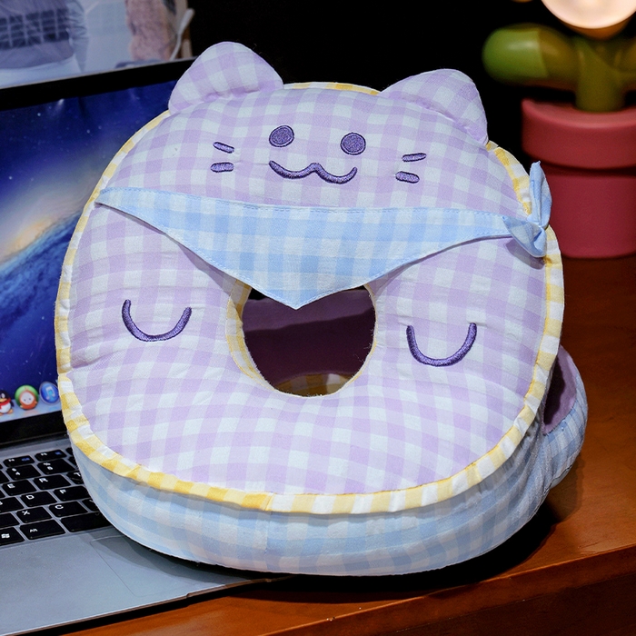 91家纺网 家纺一手货源 找家纺 仟亿莱 2025新款泡泡纱方巾格子喵双面午睡枕 枕头枕芯 双面方巾绿猫