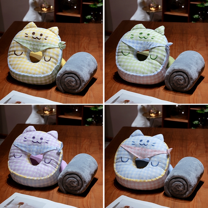 91家纺网 家纺一手货源 找家纺 仟亿莱 2025新款泡泡纱方巾格子喵双面午睡枕 枕头枕芯 双面方巾紫猫