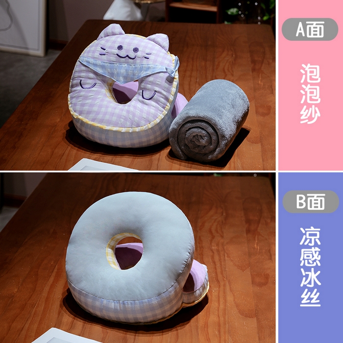 91家纺网 家纺一手货源 找家纺 仟亿莱 2025新款泡泡纱方巾格子喵双面午睡枕 枕头枕芯 双面方巾紫猫