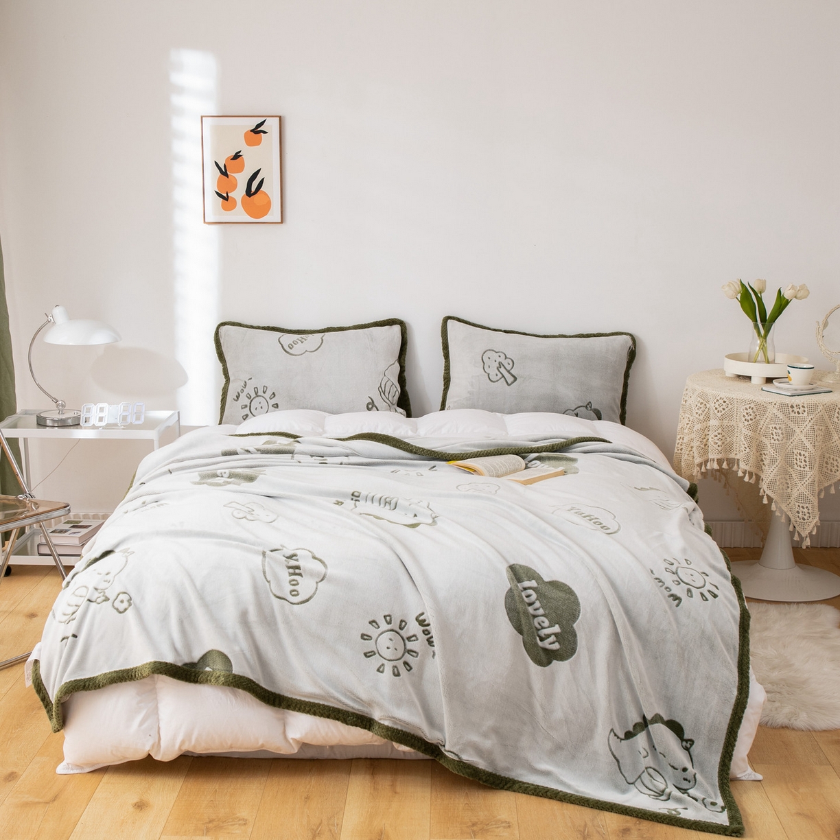 91家纺网 家纺一手货源 找家纺 梵克保罗 2025新款3D雕花加厚牛奶绒剪花毛毯 绿恐龙