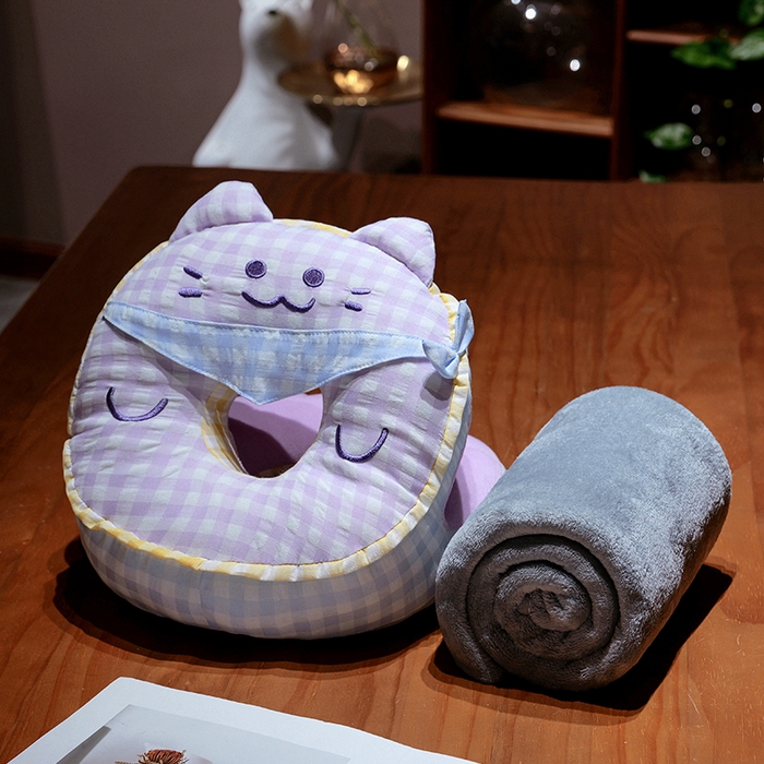 仟亿莱 2025新款泡泡纱方巾格子喵双面午睡枕 枕头枕芯 双面方巾紫猫