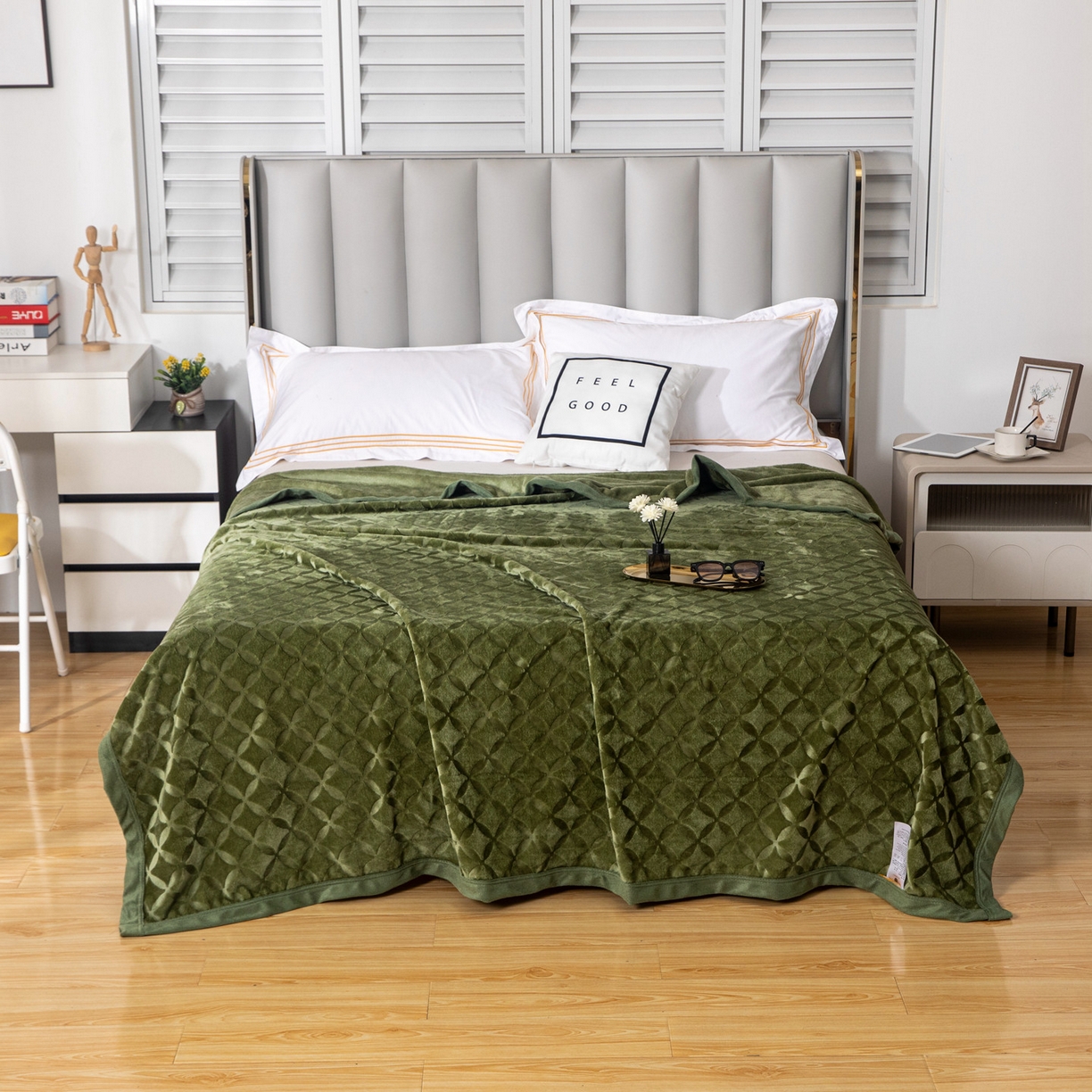 梵克保罗 2025新款3D立体印花四季盖毯400克 铜钱绿