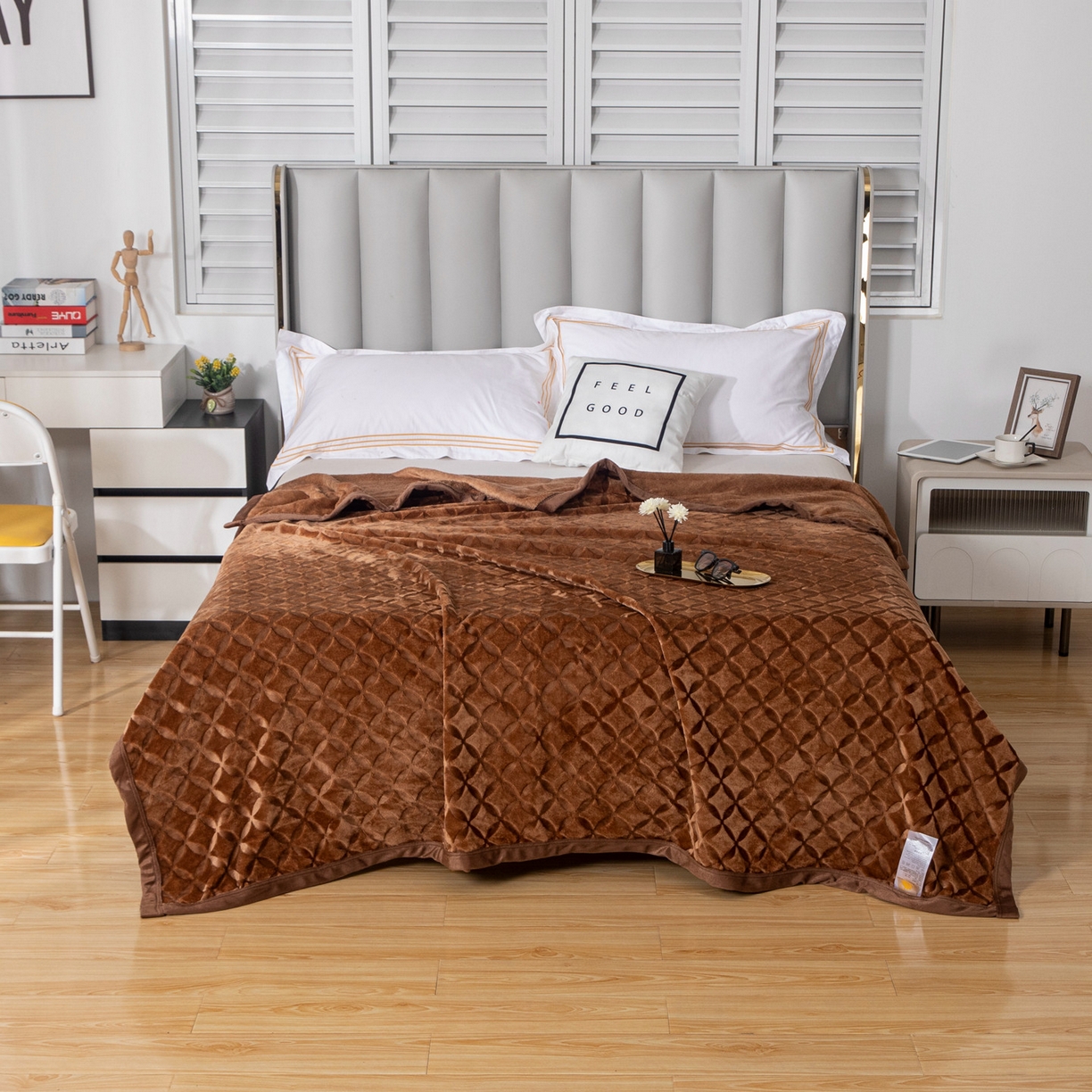 梵克保罗 2025新款3D立体印花四季盖毯400克 铜钱咖啡