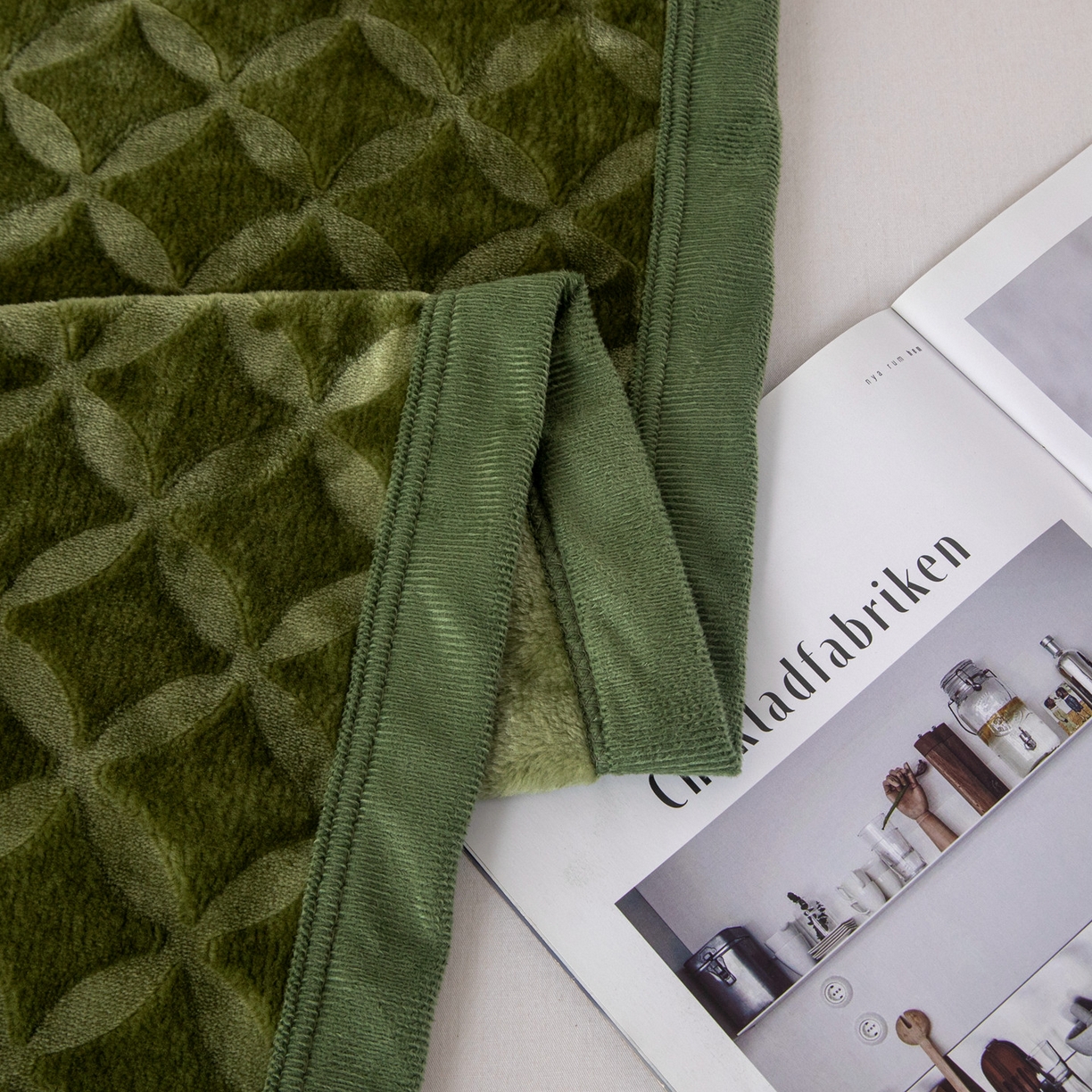 91家纺网 家纺一手货源 找家纺 梵克保罗 2025新款3D立体印花四季盖毯400克 铜钱绿