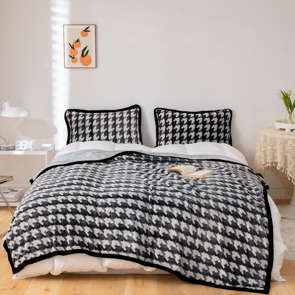 梵克保罗 2025新款3D雕花加厚牛奶绒剪花毛毯 千鸟格