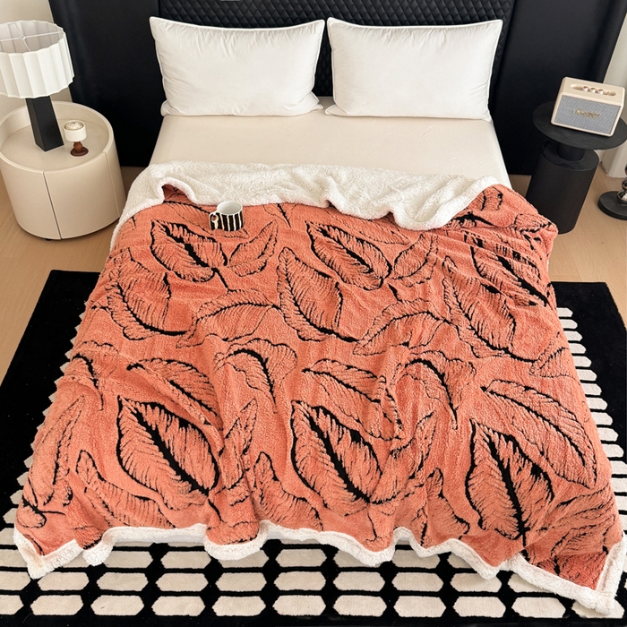 91家纺网 家纺一手货源 找家纺 梵克保罗 2025新款双层阳离子叶子提花塔芙绒羊羔绒跨境双层毛毯盖毯毯子 叶子橘色