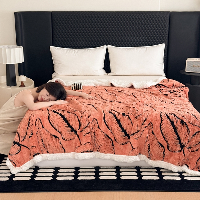 91家纺网 家纺一手货源 找家纺 梵克保罗 2025新款双层阳离子叶子提花塔芙绒羊羔绒跨境双层毛毯盖毯毯子 叶子橘色