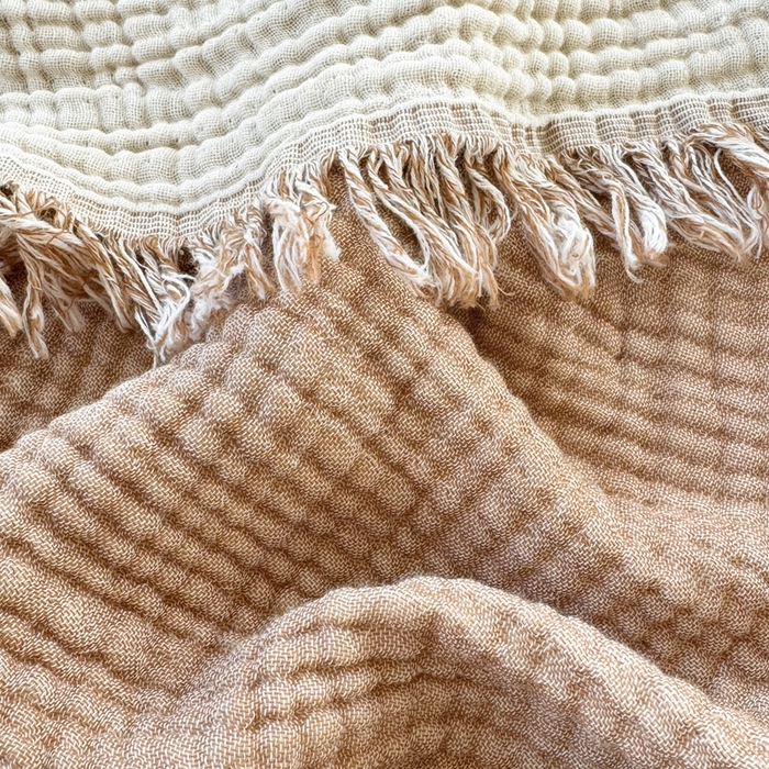 91家纺网 家纺一手货源 找家纺 梵克保罗 2025新款双层纱流苏全棉纯棉毯纯棉流苏款盖毯毯子夏被夏凉被空调被 咖色