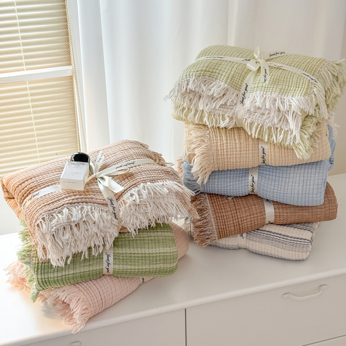 91家纺网 家纺一手货源 找家纺 （总）梵克保罗 2025新款双层纱流苏全棉纯棉毯纯棉流苏款盖毯毯子夏被夏凉被空调被