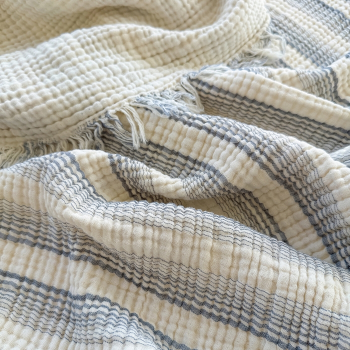 91家纺网 家纺一手货源 找家纺 梵克保罗 2025新款双层纱流苏全棉纯棉毯纯棉流苏款盖毯毯子夏被夏凉被空调被 条纹蓝