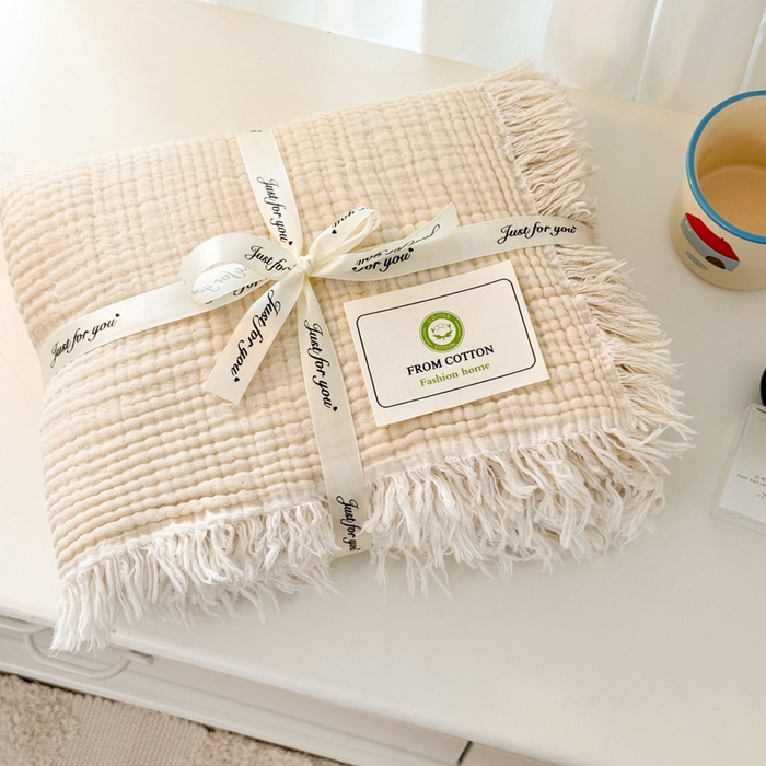 91家纺网 家纺一手货源 找家纺 （总）梵克保罗 2025新款双层纱流苏全棉纯棉毯纯棉流苏款盖毯毯子夏被夏凉被空调被