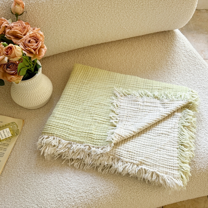 91家纺网 家纺一手货源 找家纺 梵克保罗 2025新款双层纱流苏全棉纯棉毯纯棉流苏款盖毯毯子夏被夏凉被空调被 浅绿色