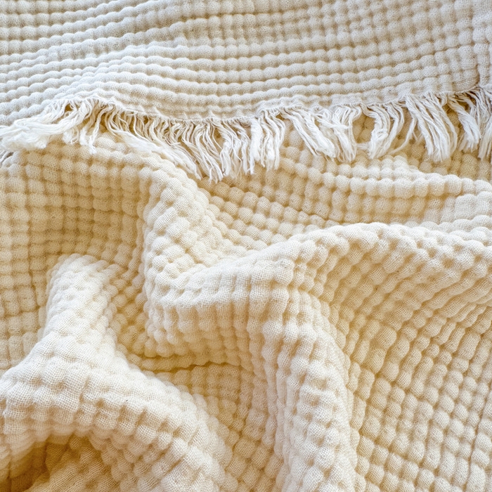 91家纺网 家纺一手货源 找家纺 梵克保罗 2025新款双层纱流苏全棉纯棉毯纯棉流苏款盖毯毯子夏被夏凉被空调被 米色