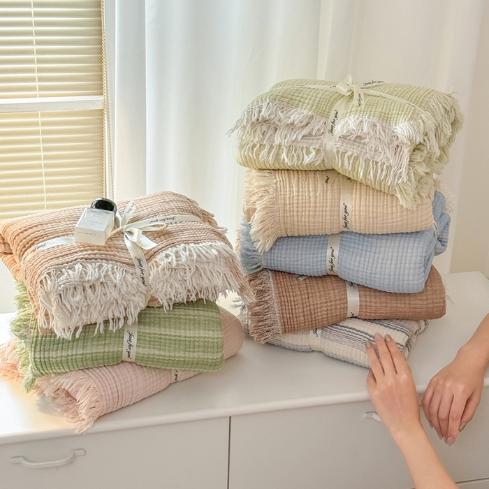 91家纺网 家纺一手货源 找家纺 梵克保罗 2025新款双层纱流苏全棉纯棉毯纯棉流苏款盖毯毯子夏被夏凉被空调被 组合图