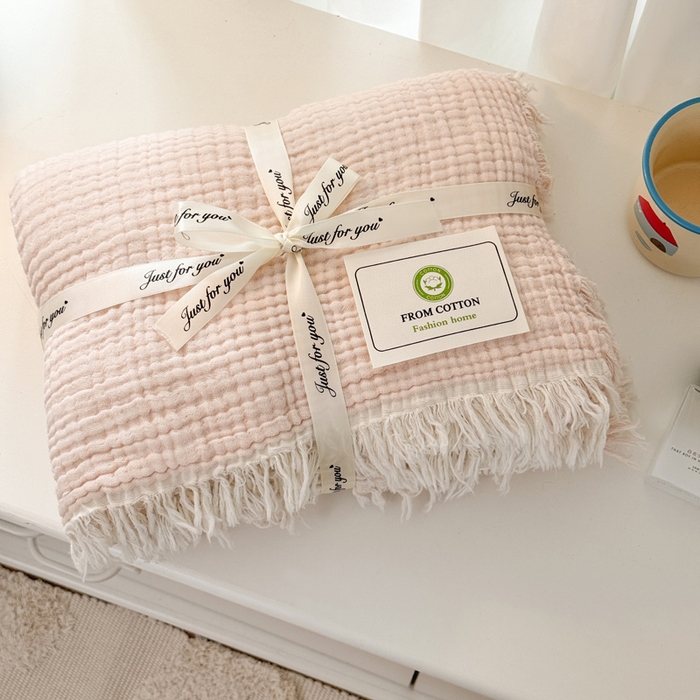 91家纺网 家纺一手货源 找家纺 梵克保罗 2025新款双层纱流苏全棉纯棉毯纯棉流苏款盖毯毯子夏被夏凉被空调被 组合图