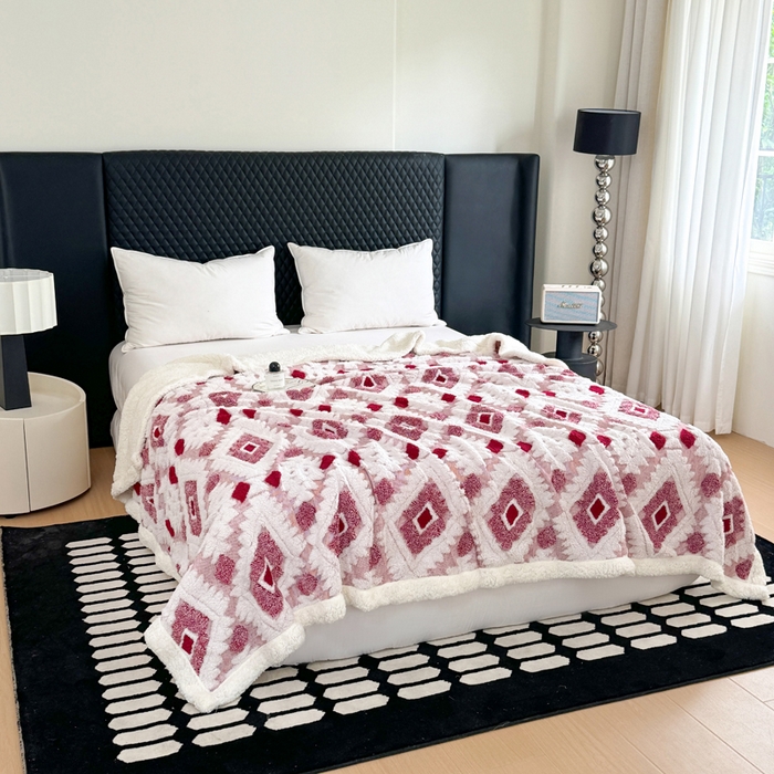 91家纺网 家纺一手货源 找家纺 梵克保罗 2025新款轻奢阳离子提花镂空塔芙绒羊羔绒保暖午睡双层毛毯办公室盖毯 玫红