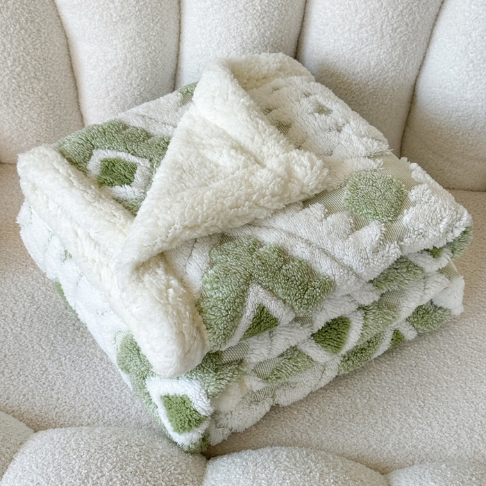 梵克保罗 2025新款轻奢阳离子提花镂空塔芙绒羊羔绒保暖午睡双层毛毯办公室盖毯 浅绿