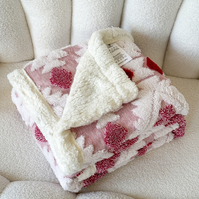 梵克保罗 2025新款轻奢阳离子提花镂空塔芙绒羊羔绒保暖午睡双层毛毯办公室盖毯 玫红