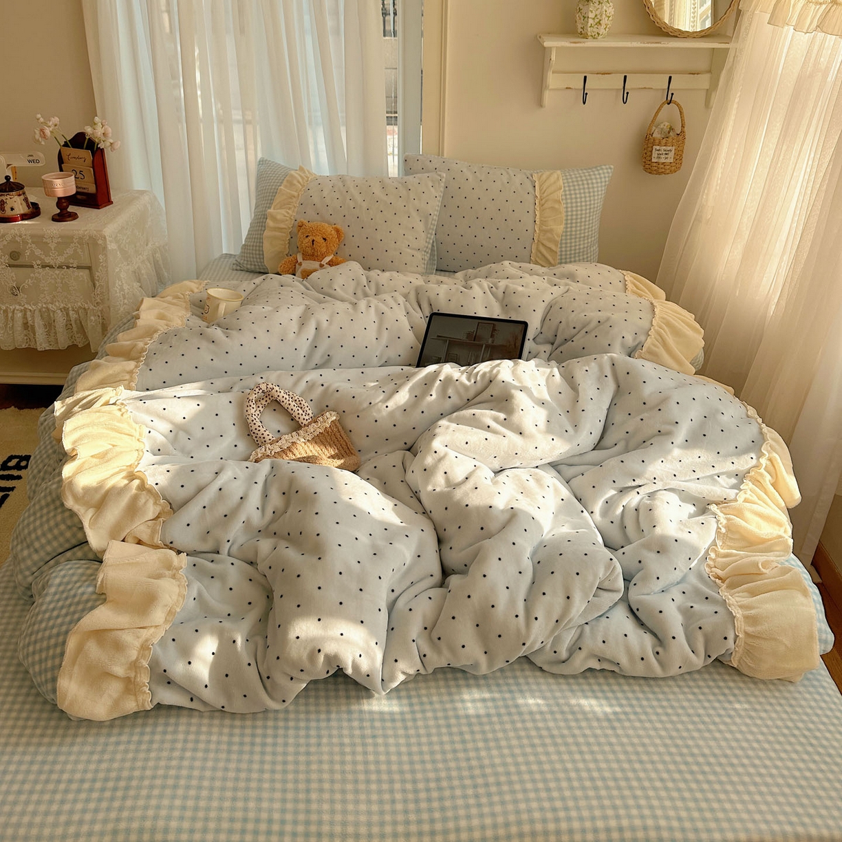 91家纺网 家纺一手货源 找家纺 （总）瑞莱 2025年秋冬新款波点牛奶绒四件套（拼接款）