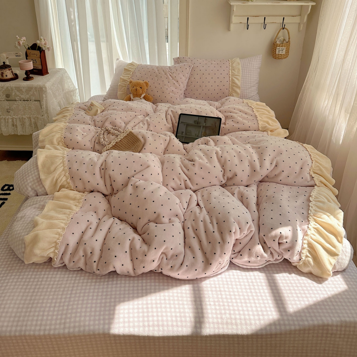 91家纺网 家纺一手货源 找家纺 瑞莱 2025年秋冬新款波点牛奶绒四件套（拼接款） 可可-粉（拼接款）