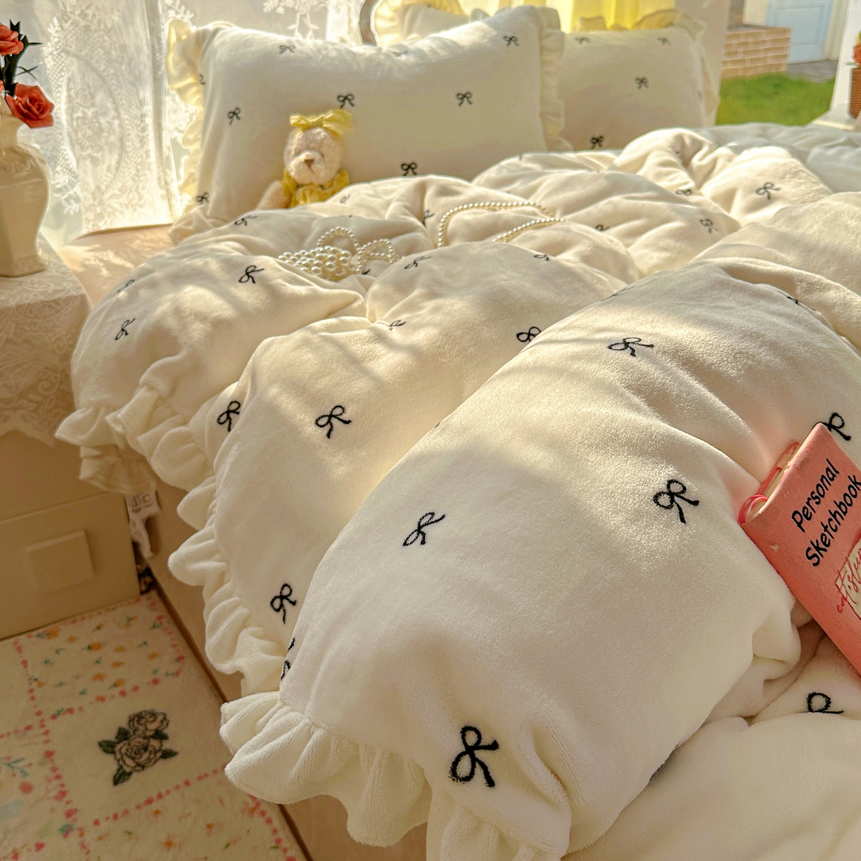 91家纺网 家纺一手货源 找家纺 （总）老K (原美阁） 2025新款A类200克花边款韩版牛奶绒四件套-蝴蝶结