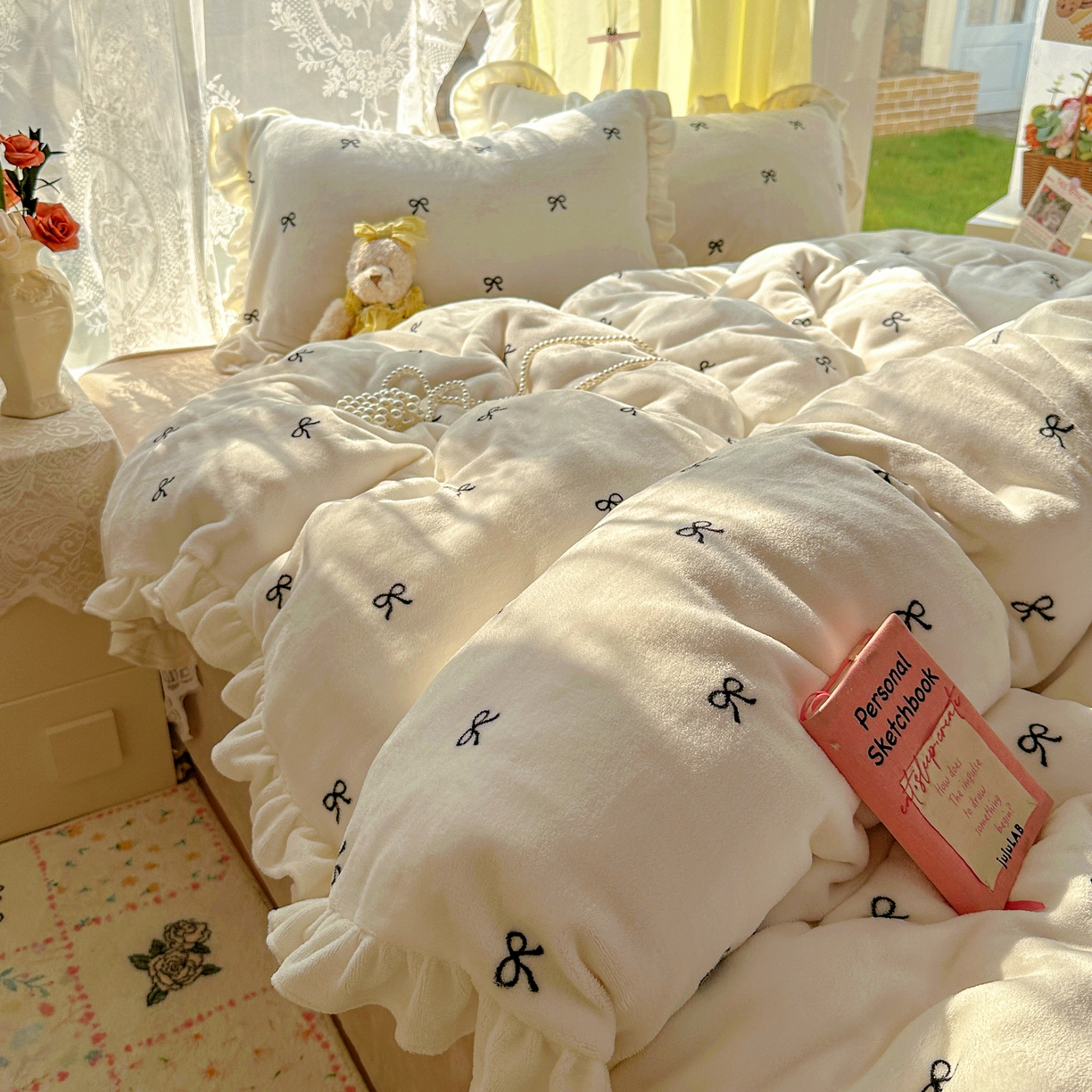 91家纺网 家纺一手货源 找家纺 （总）老K (原美阁） 2025新款A类200克花边款韩版牛奶绒四件套-蝴蝶结