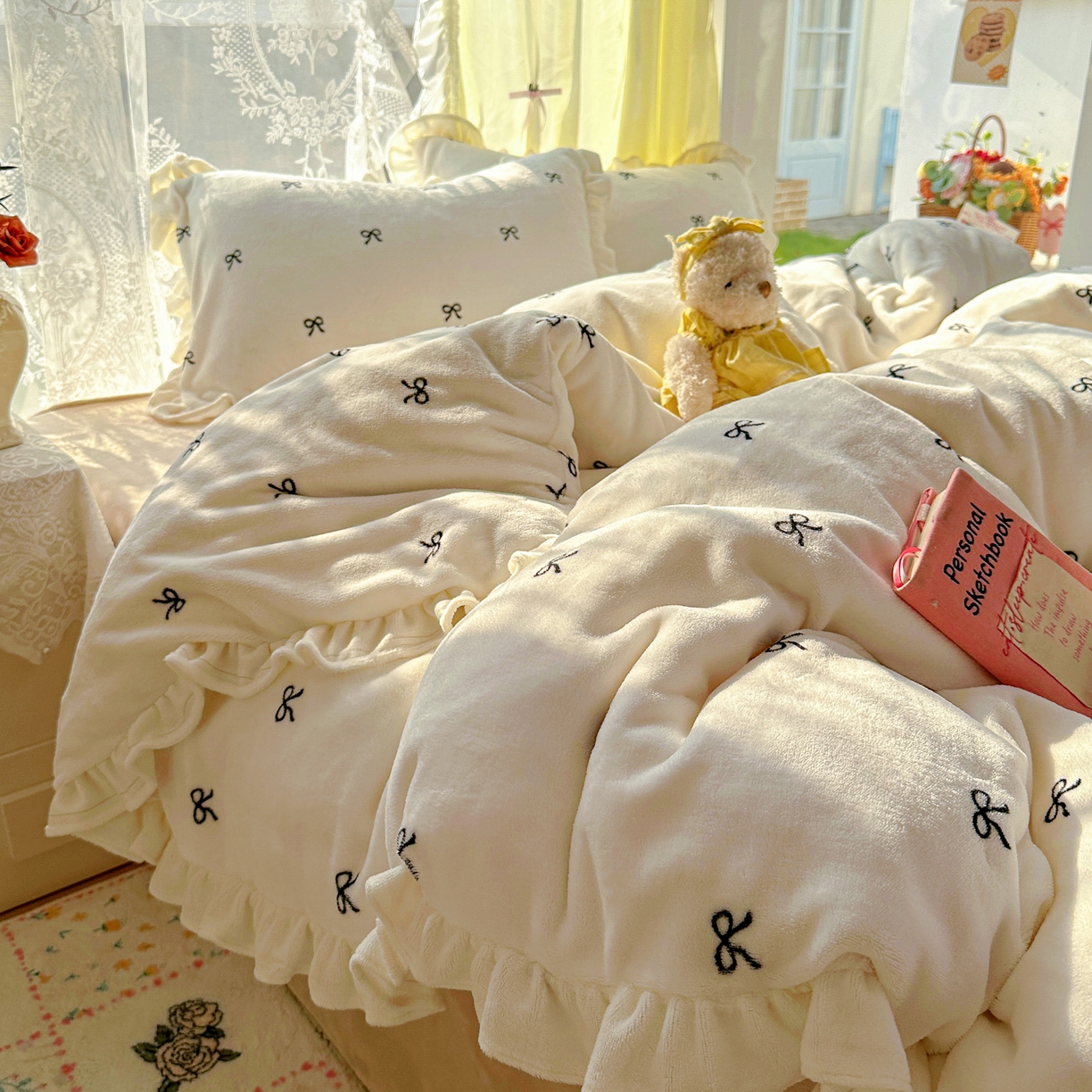 （总）老K (原美阁） 2025新款A类200克花边款韩版牛奶绒四件套-蝴蝶结