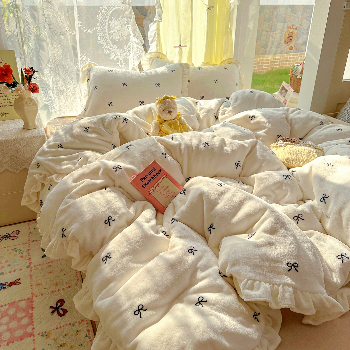 91家纺网 家纺一手货源 找家纺 （总）老K (原美阁） 2025新款A类200克花边款韩版牛奶绒四件套-蝴蝶结