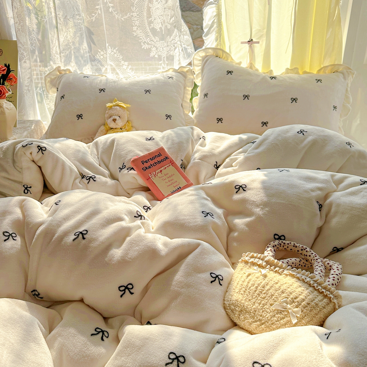 91家纺网 家纺一手货源 找家纺 （总）老K (原美阁） 2025新款A类200克花边款韩版牛奶绒四件套-蝴蝶结