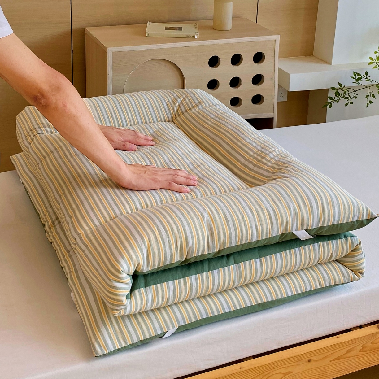 91家纺网 家纺一手货源 找家纺 梵克保罗 2025秋冬新款无印风学生宿舍床褥褥子 绿小条