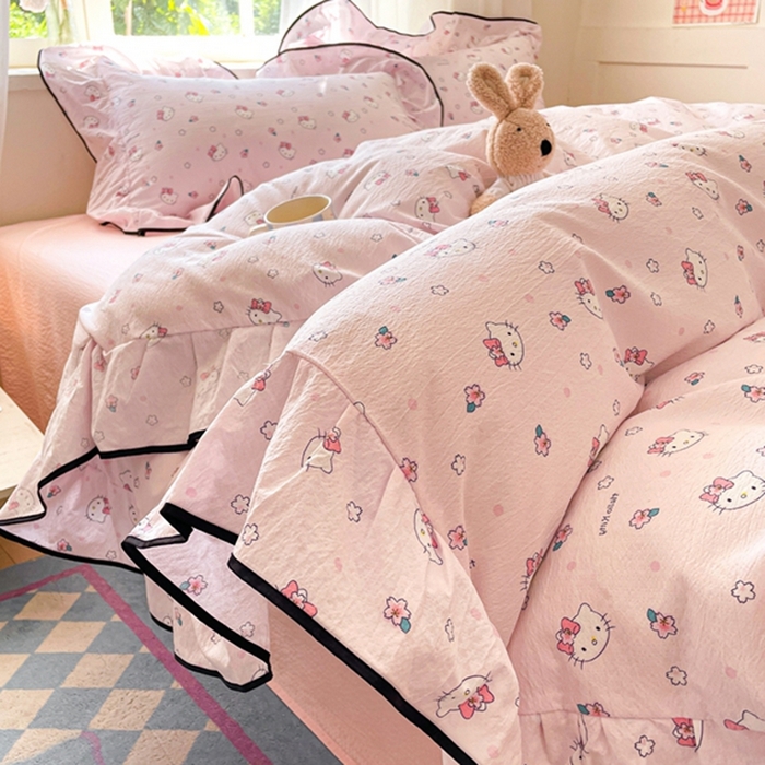 91家纺网 家纺一手货源 找家纺 港岛妹妹 2025新款韩式ins风黑边花边双层纱四件套（有买家秀） 黑花边-粉樱凯蒂