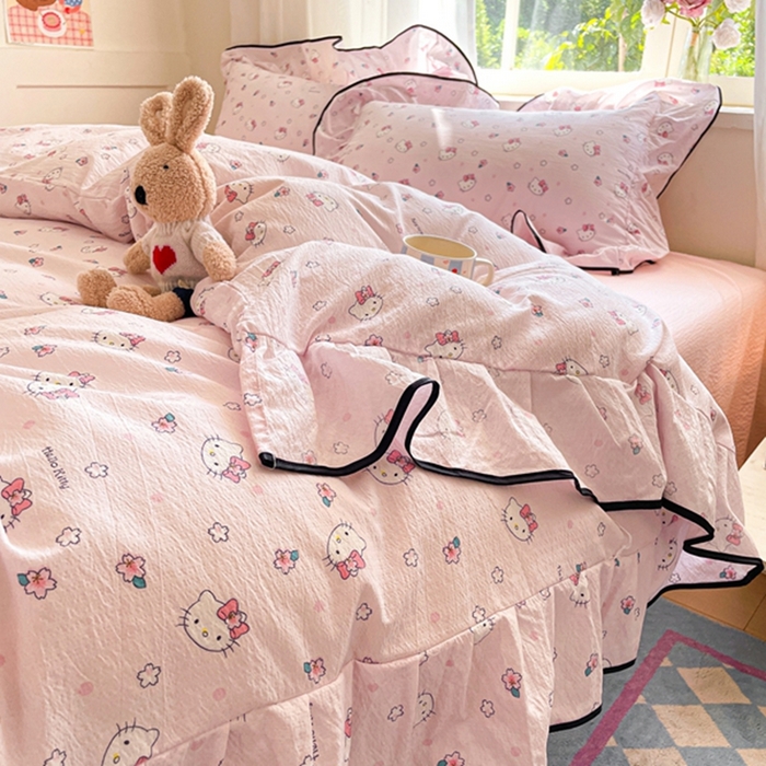 91家纺网 家纺一手货源 找家纺 港岛妹妹 2025新款韩式ins风黑边花边双层纱四件套（有买家秀） 黑花边-粉樱凯蒂