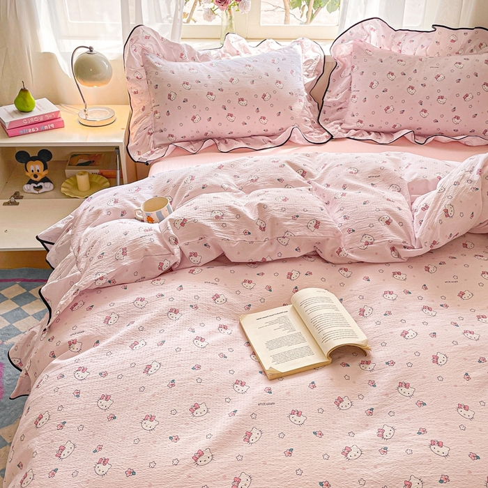 91家纺网 家纺一手货源 找家纺 港岛妹妹 2025新款韩式ins风黑边花边双层纱四件套（有买家秀） 黑花边-粉樱凯蒂