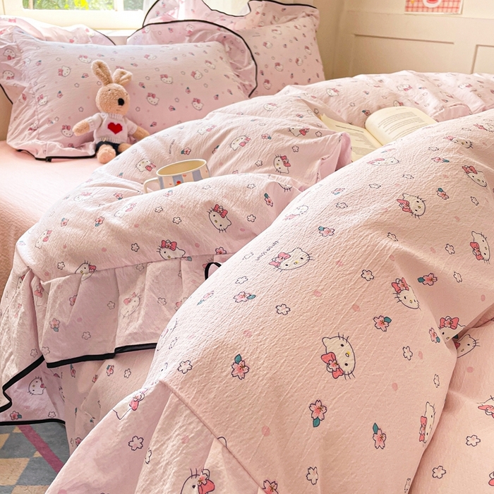 港岛妹妹 2025新款韩式ins风黑边花边双层纱四件套（有买家秀） 黑花边-粉樱凯蒂