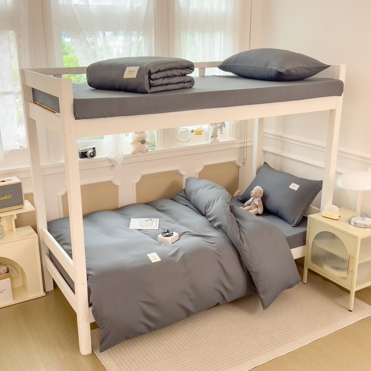 91家纺网 家纺一手货源 找家纺 梵克保罗 2025春夏新款水洗棉学生宿舍床单款床笠款三件套六件套大礼包学生季 低调灰