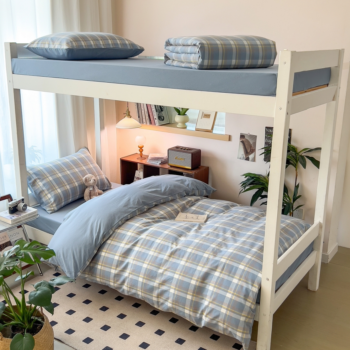 91家纺网 家纺一手货源 找家纺 梵克保罗 2025春夏新款水洗棉学生宿舍床单款床笠款三件套六件套大礼包学生季 天蓝中格