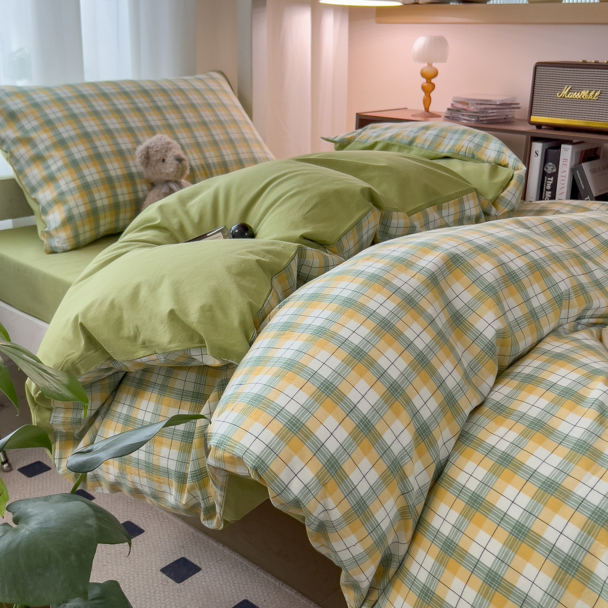 91家纺网 家纺一手货源 找家纺 梵克保罗 2025春夏新款水洗棉学生宿舍床单款床笠款三件套六件套大礼包学生季 芒格绿