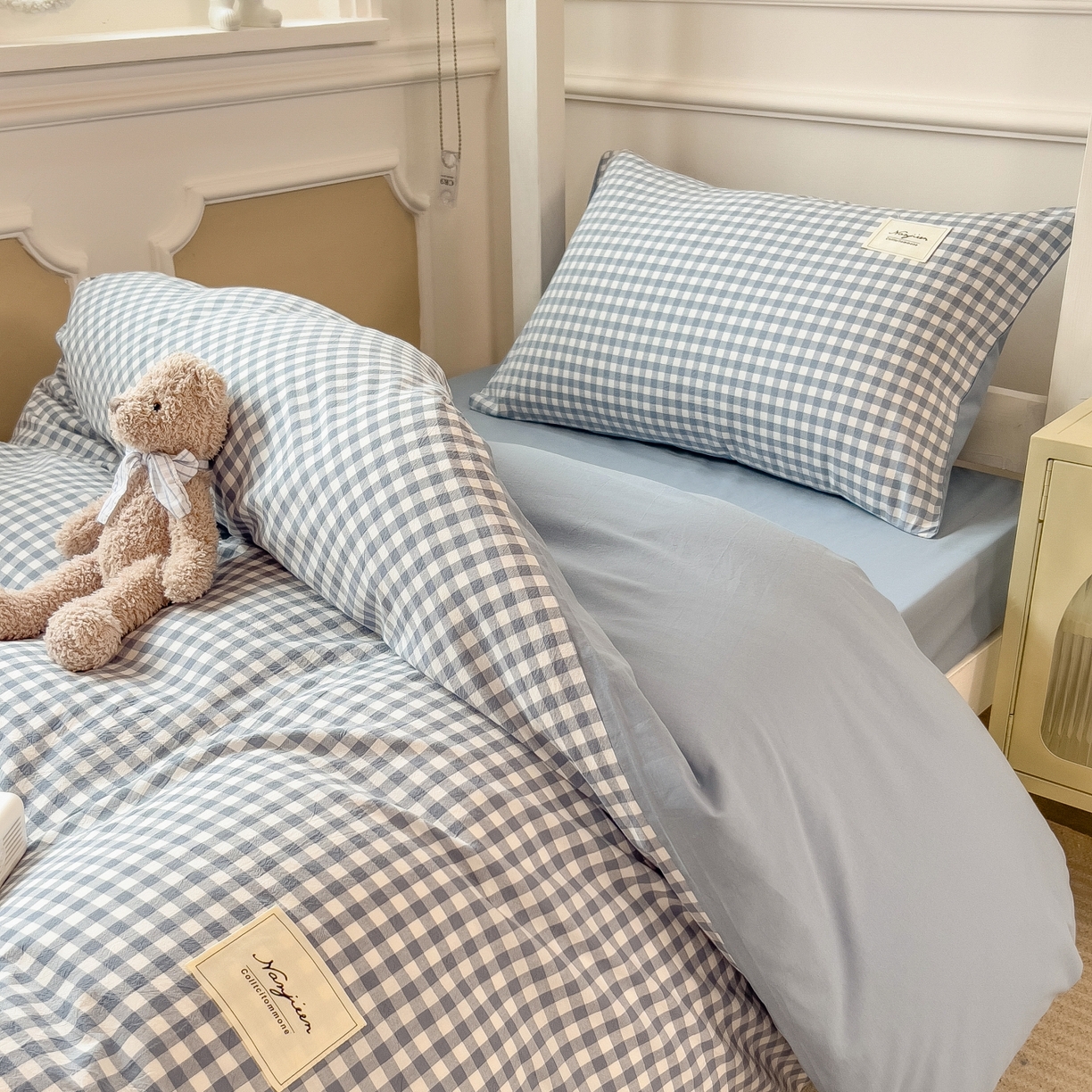 91家纺网 家纺一手货源 找家纺 梵克保罗 2025春夏新款水洗棉学生宿舍床单款床笠款三件套六件套大礼包学生季 天蓝小格