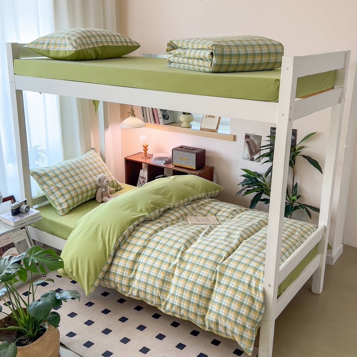 91家纺网 家纺一手货源 找家纺 梵克保罗 2025春夏新款水洗棉学生宿舍床单款床笠款三件套六件套大礼包学生季 芒格绿