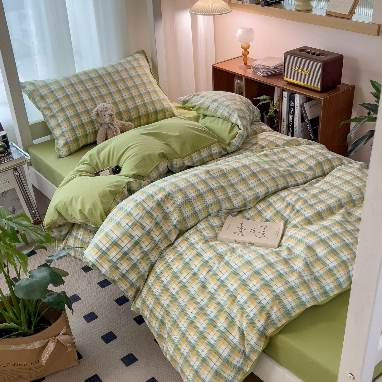 91家纺网 家纺一手货源 找家纺 梵克保罗 2025春夏新款水洗棉学生宿舍床单款床笠款三件套六件套大礼包学生季 芒格绿