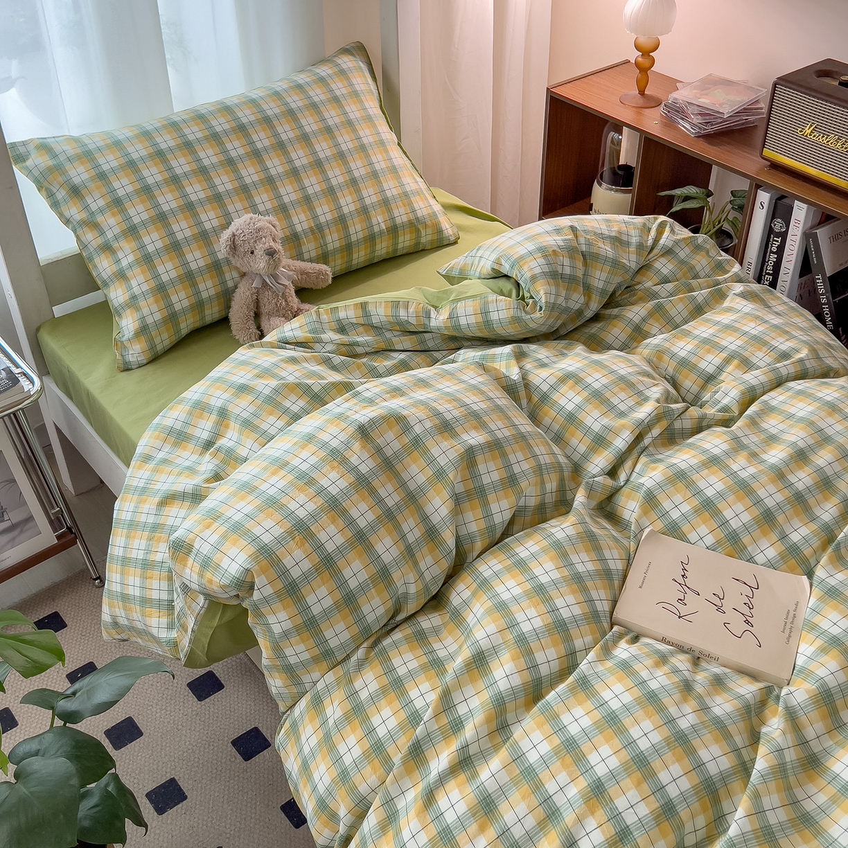 91家纺网 家纺一手货源 找家纺 梵克保罗 2025春夏新款水洗棉学生宿舍床单款床笠款三件套六件套大礼包学生季 芒格绿