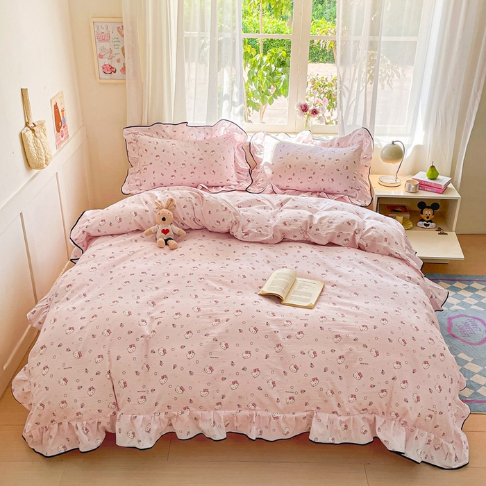 91家纺网 家纺一手货源 找家纺 港岛妹妹 2025新款韩式ins风黑边花边双层纱四件套（有买家秀） 黑花边-粉樱凯蒂