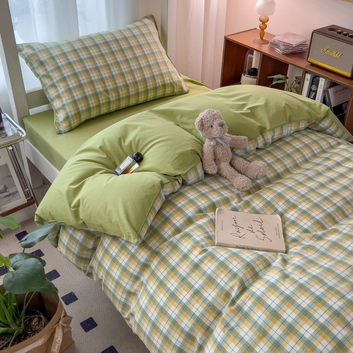 91家纺网 家纺一手货源 找家纺 梵克保罗 2025春夏新款水洗棉学生宿舍床单款床笠款三件套六件套大礼包学生季 芒格绿